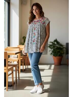 Lilipad White and Black Polka Dot Floral Embroidered Blouse SZ SM